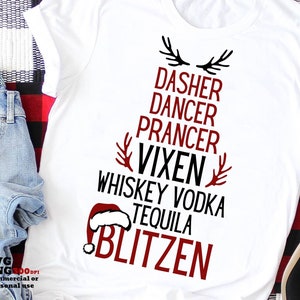 Maglietta per bere alcolici con renna, PNG in formato SVG, vodka whisky, tequila Blitzen, Dasher, ballerina, bar, Natale ubriaco in formato Svg, png per sublimazione della maglietta