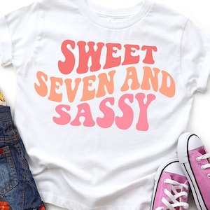 7th Birthday SVG PNG, Girls Seventh Birthday, Sweet Seven and Sassy, Retro Wavy Text, Cut File SVG for Cricut, Png Shirt Sublimation File