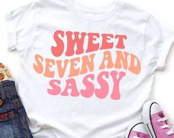 7th Birthday SVG PNG, Girls Seventh Birthday, Sweet Seven and Sassy, Retro Wavy Text, Cut File SVG for Cricut, Png Shirt Sublimation File