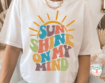 Sunshine On My Mind SVG PNG, Retro Summer Sublimation PNG, Vacation Beach Shirt Svg Cut File For Cricut, Distressed & Solid, Wavy, Stacked