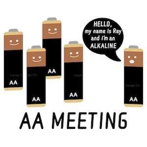 Pode incluir: Uma ilustração humorística de cinco baterias AA com rostos. Uma bateria diz "HELLO, my name is Ray and I'm an ALKALINE". O texto "AA MEETING" está abaixo das baterias.