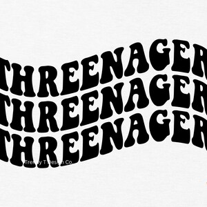 May include: Black and white graphic design with the text "Threeenager" repeated three times in a wavy, layered pattern.