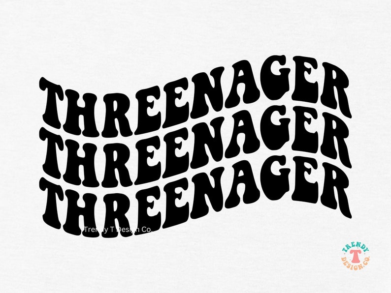 May include: Black and white graphic design with the text "Threeenager" repeated three times in a wavy, layered pattern.