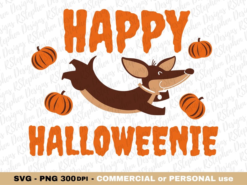 May include: A brown dachshund dog with a happy expression is jumping in the air with pumpkins falling around it. The text "HAPPY HALLOWEENIE" is written in orange letters above the dog. The image is on a white background.