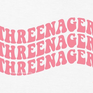 May include: Pink graphic text design with the words "Three-nager" repeated three times in a wavy, retro font style. The text is on a white background.