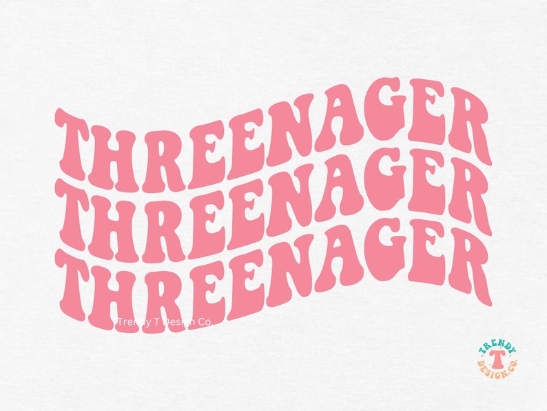 May include: Pink graphic text design with the words "Three-nager" repeated three times in a wavy, retro font style. The text is on a white background.