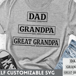 Papá Abuelo Bisabuelo SVG, Años Autopersonalizables, Anuncio de Bebé, Diseño SVG de Sublimación de Camisa, Silueta, Archivo de Corte SVG Cricut