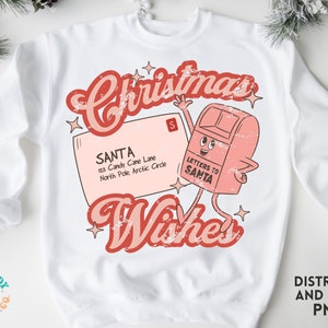 Natal retrô PNG, desejos de Natal, cartas para o Papai Noel, angustiado e sólido, arquivo PNG para sublimação de camisa, alegre, moletom PNG design