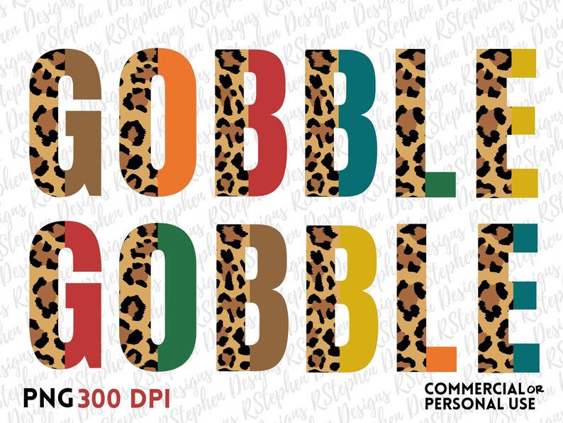Op de afbeelding: Gobble-afbeelding met een luipaardprint achtergrond. De letters zijn in verschillende kleuren, waaronder rood, oranje, geel, groen, blauw en bruin.