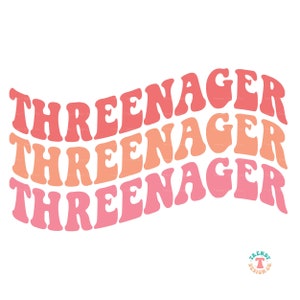 May include: Three layered text design in pink, orange, and red with the word "THREENAGER" in a wavy font.