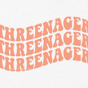 May include: Three stacked words, "Three-nager", in a wavy, retro font, in a peachy-coral color on a white background.