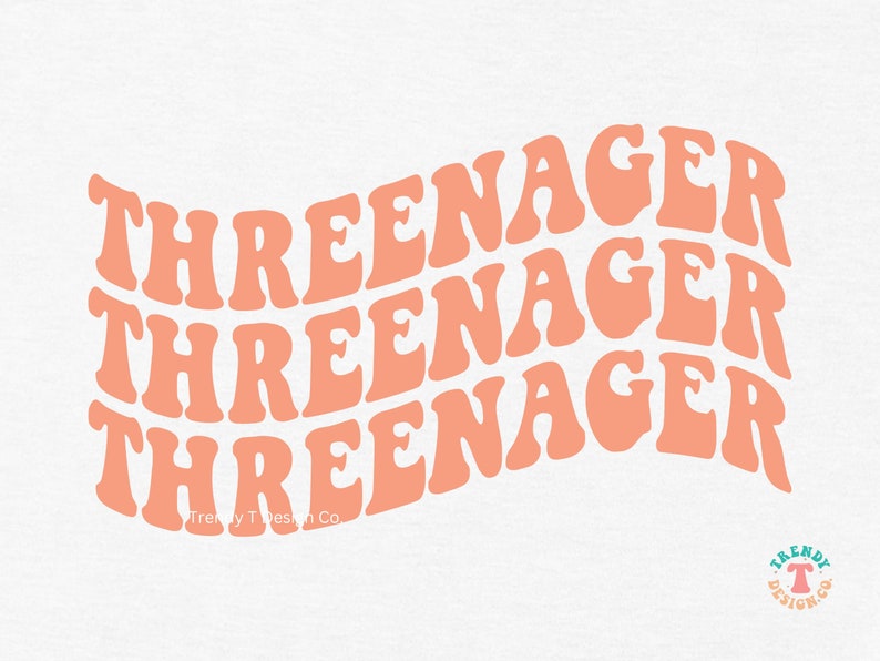 May include: Three stacked words, "Three-nager", in a wavy, retro font, in a peachy-coral color on a white background.