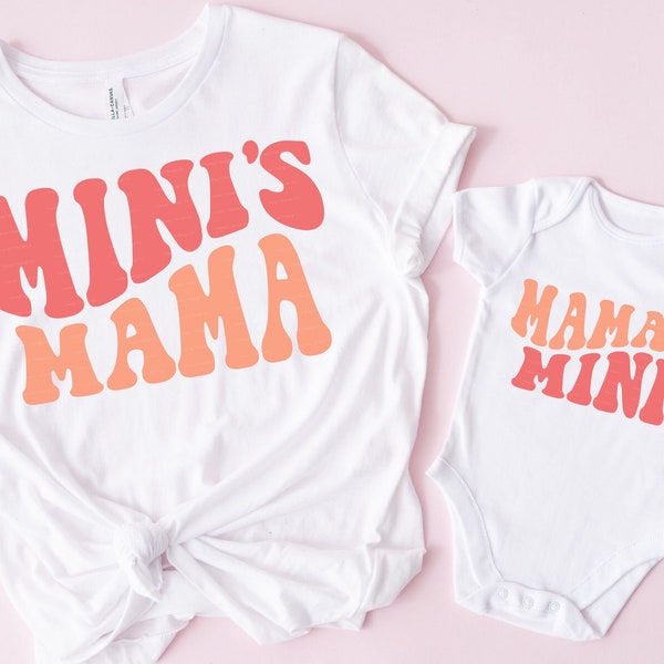 Mommy & Me SVG PNG, Mama's Mini, Mini's Mama, Matching Mom, Baby, Toddler, Girl Shirts Svg, Retro Wavy Design, Mom and Me Sublimation Png