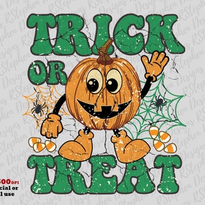 May include: A green and orange Halloween graphic with a cartoon pumpkin holding a candy corn and the text "Trick or Treat".
