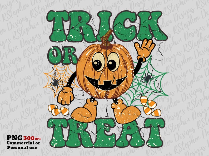 May include: A green and orange Halloween graphic with a cartoon pumpkin holding a candy corn and the text "Trick or Treat".