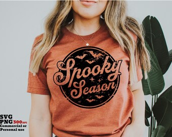 Spooky Season PNG SVG, Distressed + Solid PNG's, Solid Svg Cut file, Fall, Vintage, Retro Halloween Svg, Png Shirt Sublimation Print File