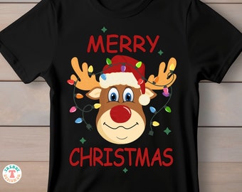 Frohe Weihnachten Rudolph PNG, lustiges Rentier-Gesicht PNG, Weihnachtssublimation PNG, Weihnachtsmannmütze & Weihnachtslichter, Sweatshirt Png-Datei-Design