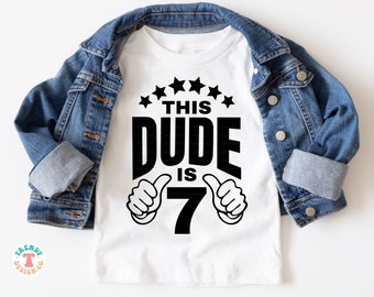 Boys' 7th Birthday SVG PNG, This Dude is 7, Thumbs Up, Stars, Birthday Boy Shirt SVG, Cricut Cut File, Boys Sublimation Png for 7-Year-Old