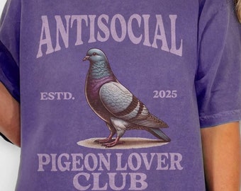 Maglietta Antisocial Pigeon Club Comfort Colors, maglietta per amanti degli uccelli, maglietta con uccelli, regalo per amanti dei piccioni, grafica divertente di animali, regalo per appassionati di birdwatching, ironica, oversize