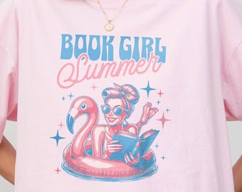 Book Girl Summer Shirt Comfort Colors, Retro Reading Pin Up Flamingo Graphic Tee Cute Bookish Tshirt Vacation Bookworm Gift Read Swim Cover