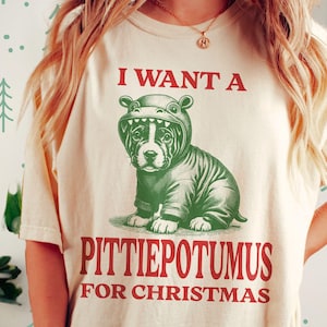 May include: A white t-shirt with the text "I want a Pittiepotamus for Christmas" in red and green. A cartoon image of a dog wearing a green dinosaur costume is in the centre of the shirt.