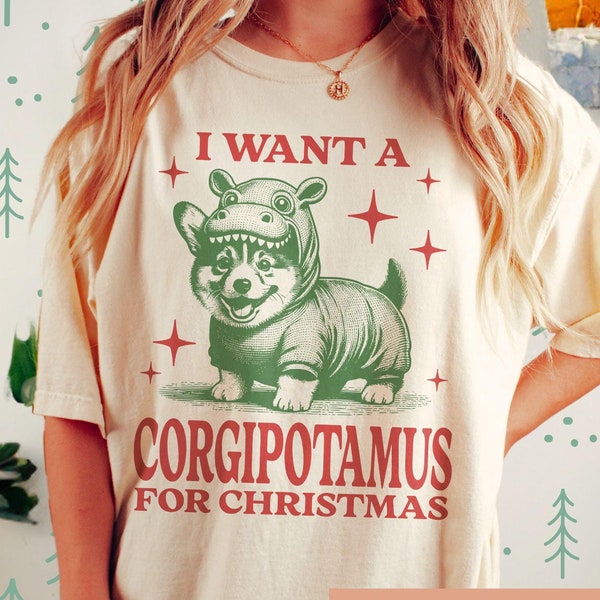 Grappig Corgi kerstshirt in comfortabele kleuren, perfect als cadeau voor Corgi-liefhebbers, nijlpaard Corgi T-shirt, feestelijk T-shirt voor hondenmoeders, retro graphic, schattig kerstshirt voor huisdiereigenaren.