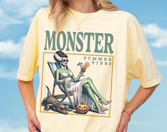 Summerween Shirt Monster Summer Vibes Hot Ghoul Halloween Tshirt Scary Movie Tee Beach Frankenstein Bride Graphic Top Spooky Girl Vacation