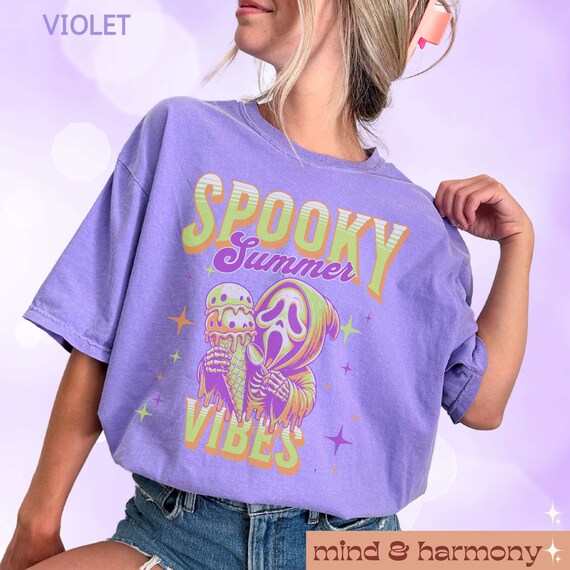 Spooky Summer Vibes Comfort Color Tshirt, Summerween Funny Monster Beach Party Tee Vacation Shirt Slasher Movie Lover Gift Trendy Aesthetic