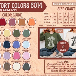 May include: A product image showcasing a Comfort Colors 6014 unisex long sleeve shirt. The image includes a color guide with various shirt colors, a size chart with measurements in inches, and examples of the shirt in Hemp and Ivory. The shirts are made from 100% ringspun cotton.