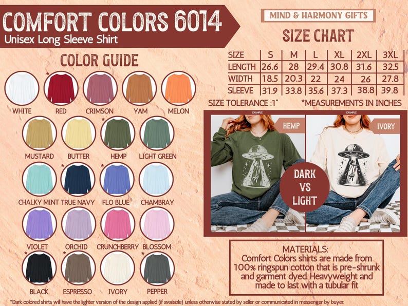 May include: A product image showcasing a Comfort Colors 6014 unisex long sleeve shirt. The image includes a color guide with various shirt colors, a size chart with measurements in inches, and examples of the shirt in Hemp and Ivory. The shirts are made from 100% ringspun cotton.