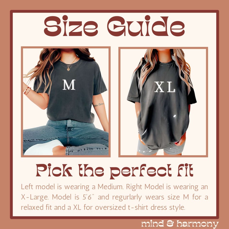 May include: Size guide graphic with two models wearing dark gray t-shirts, one labeled 'M' and the other 'XL'. Text reads 'Pick the perfect fit' with sizing details. The brand name 'mind & harmony' is at the bottom.