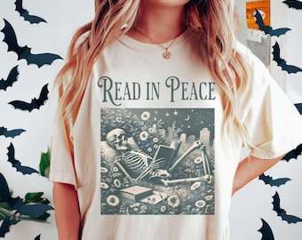 Lees in vrede, skelet, comfortabel, kleurrijke shirt, grappig T-shirt voor boekenliefhebbers, Halloween-shirt