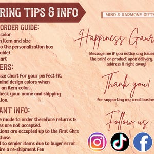 May include: A beige graphic with text including "ORDERING TIPS & INFO" and "HOW TO ORDER GUIDE". It also includes social media icons for Instagram, TikTok, Facebook, and Pinterest. The text also says "Happiness Guarantee".