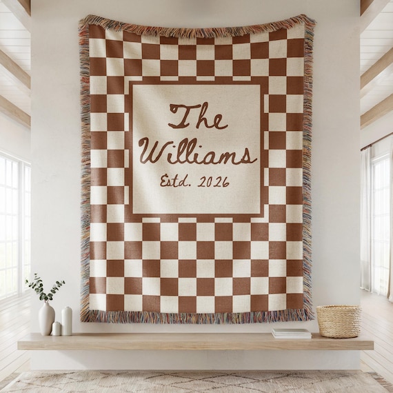 Family Name Plaid Custom Woven Blanket, Personalized Home Decor Wedding Anniversary Gift Tapestry Throw