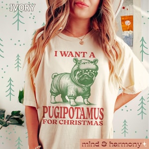 Pug Christmas Shirt Comfort Colors, Pug Lover Gift Pugipotamus Tshirt Funny Holiday Dog Mom Tee Retro Graphic Pet Owner