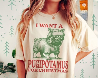 Pug Christmas Shirt Comfort Colors, Pug Lover Gift Pugipotamus Tshirt Funny Holiday Dog Mom Tee Retro Graphic Pet Owner