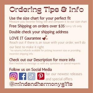 May include: A tan-colored graphic with text that reads "Ordering Tips & Info." It includes instructions on using a size chart, checking shipping addresses, and contacting the seller. Social media icons are also present.