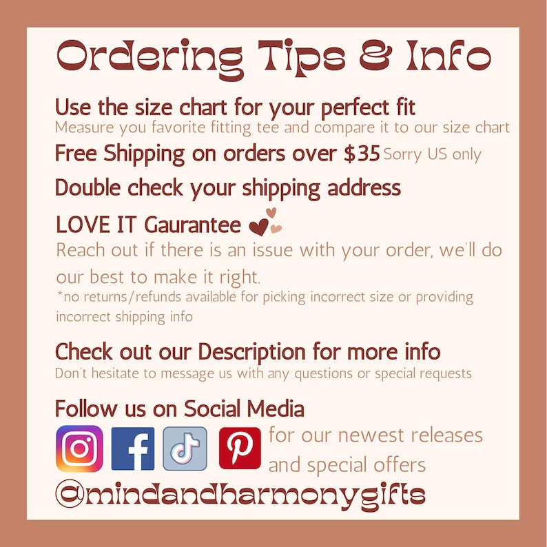 May include: A beige graphic with the text "Ordering Tips & Info." It provides advice on using a size chart, checking shipping addresses, and contacting the seller. Social media icons for Instagram, Facebook, TikTok, and Pinterest are also displayed.