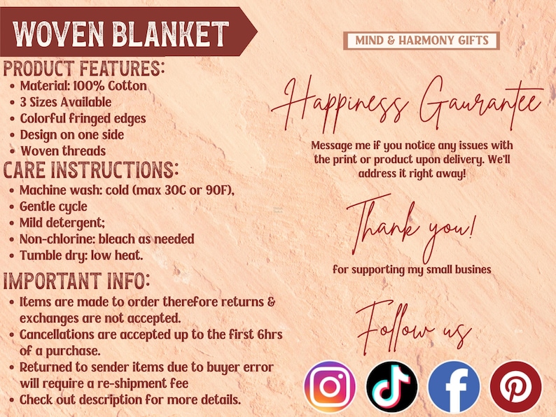 May include: A promotional graphic for a woven blanket, featuring product details and care instructions. The text includes "Woven Blanket," "Product Features," and "Care Instructions." The image also includes social media icons for Instagram, TikTok, Facebook, and Pinterest.
