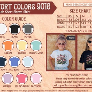 May include: A product image showcasing a Comfort Colors 9018 unisex youth short sleeve shirt. The image includes a color guide with various shirt colors and a size chart with measurements in inches. Two children model the shirt in white and black.