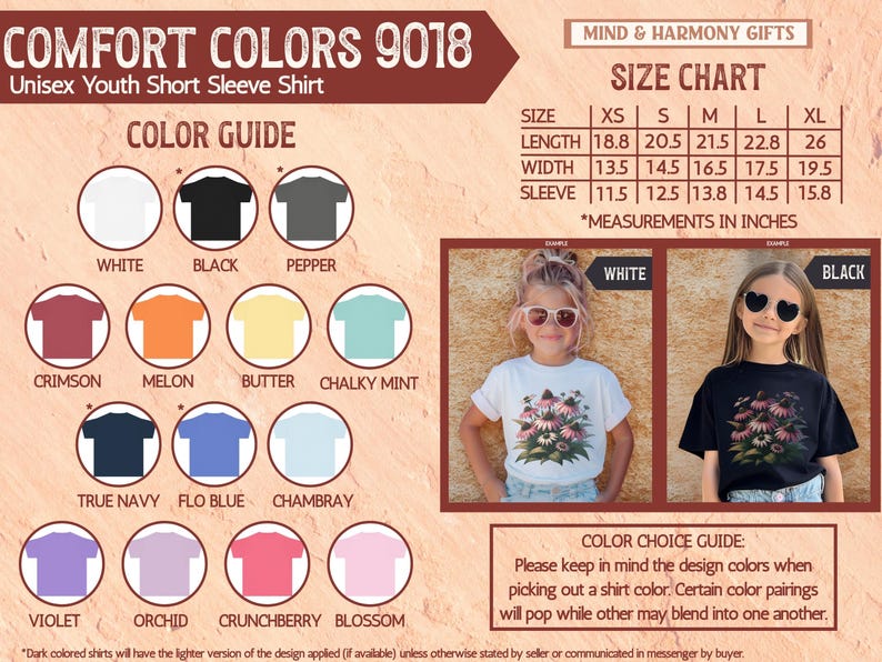 May include: A product image showcasing a Comfort Colors 9018 unisex youth short sleeve shirt. The image includes a color guide with various shirt colors and a size chart with measurements in inches. Two children model the shirt in white and black.