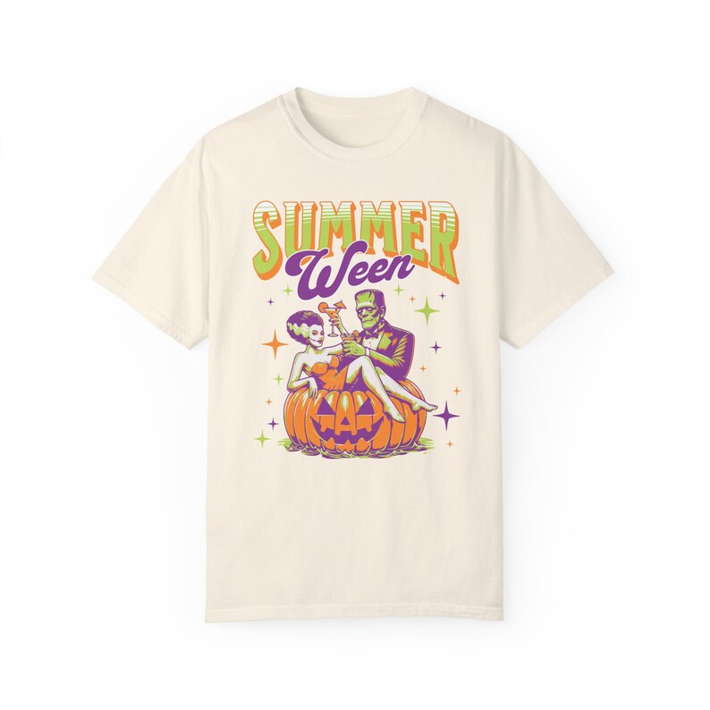 Summerween Comfort Color Tshirt, Spooky Summer Vibes Funny Monster Beach Party Tee Vacation Shirt Scary Movie Lover Gift Trendy Aesthetic Ivory