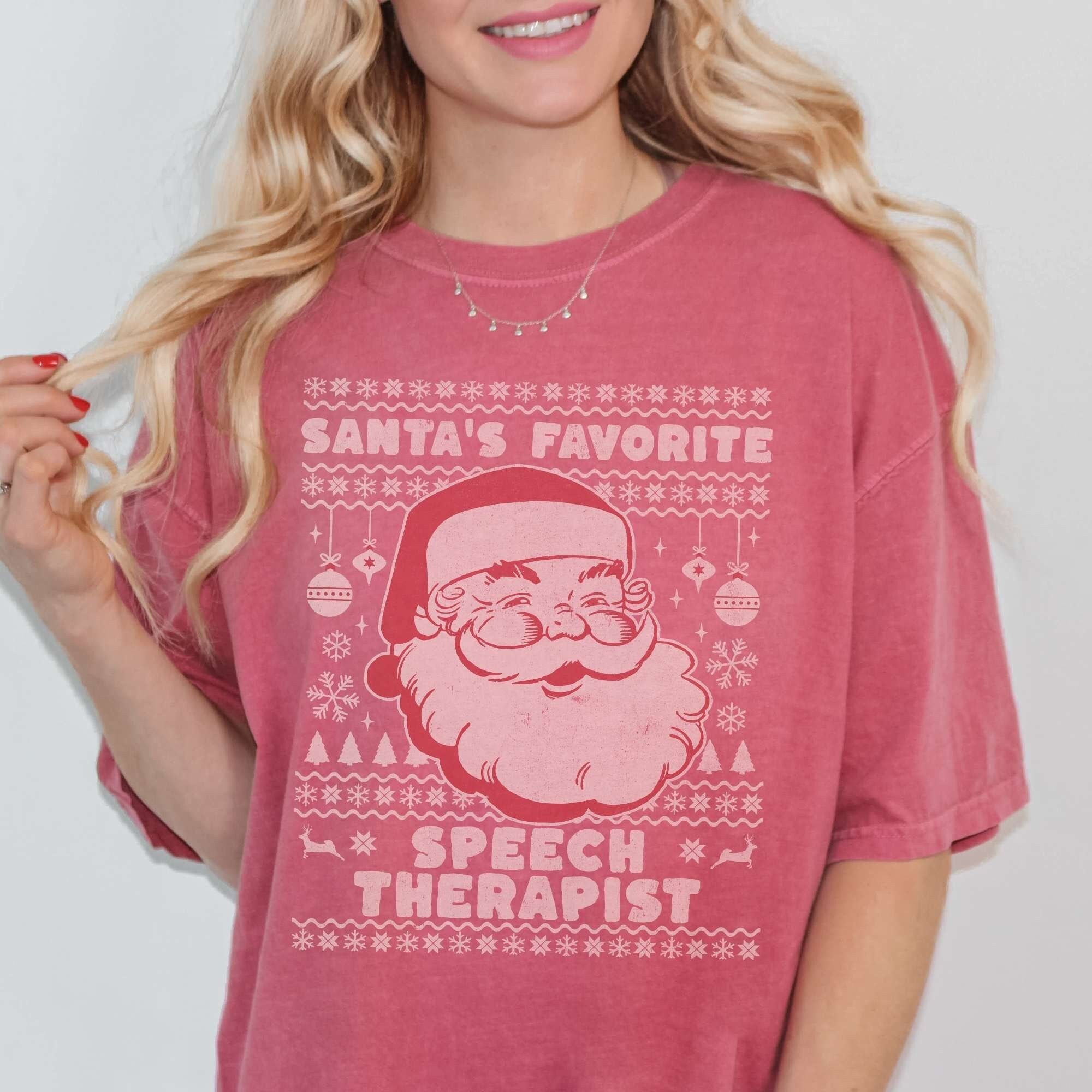 Camiseta de logopeda favorita de Papá Noel, camiseta navideña de SLP, camiseta de terapia navideña, suéter feo de Papá Noel, atuendo de fiesta, equipo de habla extragrande