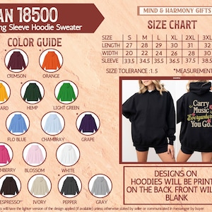 Puede incluir: Imagen de una sudadera con capucha unisex de manga larga Gildan 18500. La imagen incluye una gu&iacute;a de colores con varios colores de sudadera con capucha, una tabla de tallas con medidas en cm y una sudadera con capucha de muestra con el texto "Carry Music Everywhere You Go" en la espalda.