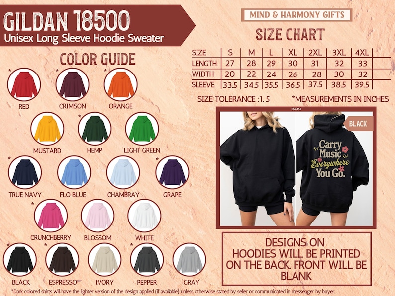 Puede incluir: Imagen de una sudadera con capucha unisex de manga larga Gildan 18500. La imagen incluye una gu&iacute;a de colores con varios colores de sudadera con capucha, una tabla de tallas con medidas en cm y una sudadera con capucha de muestra con el texto "Carry Music Everywhere You Go" en la espalda.