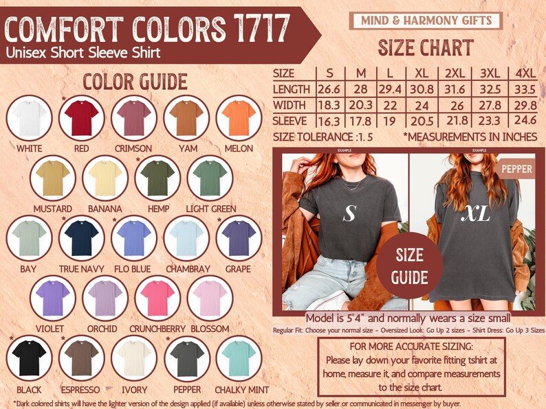 May include: A product image showcasing a Comfort Colors 1717 unisex short sleeve shirt. The image includes a color guide with various shirt colors and a size chart with measurements in inches. Two models are wearing the shirts, one in size S and another in XL.