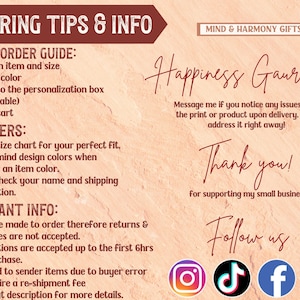 Puede incluir: Gr&aacute;fico promocional con texto sobre un fondo beige. El texto incluye consejos para pedidos, una garant&iacute;a de felicidad y un mensaje de agradecimiento. Tambi&eacute;n hay iconos de redes sociales para Instagram, TikTok, Facebook y Pinterest.