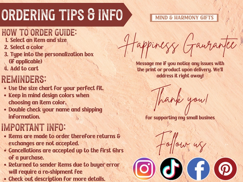 Puede incluir: Gr&aacute;fico promocional con texto sobre un fondo beige. El texto incluye consejos para pedidos, una garant&iacute;a de felicidad y un mensaje de agradecimiento. Tambi&eacute;n hay iconos de redes sociales para Instagram, TikTok, Facebook y Pinterest.
