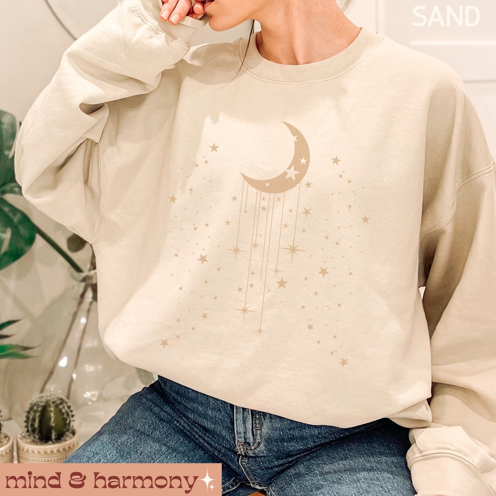 Celestial Moon Stars Sweatshirt, Moon Graphic Crewneck Moon Phase ...