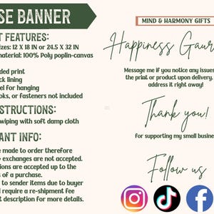 May include: A banner with the text "HOUSE BANNER" and product details, including sizes 12 x 18 inches or 24.5 x 32 inches, double-sided print, and care instructions. The banner also includes a "Happiness Guarantee" message and social media icons.